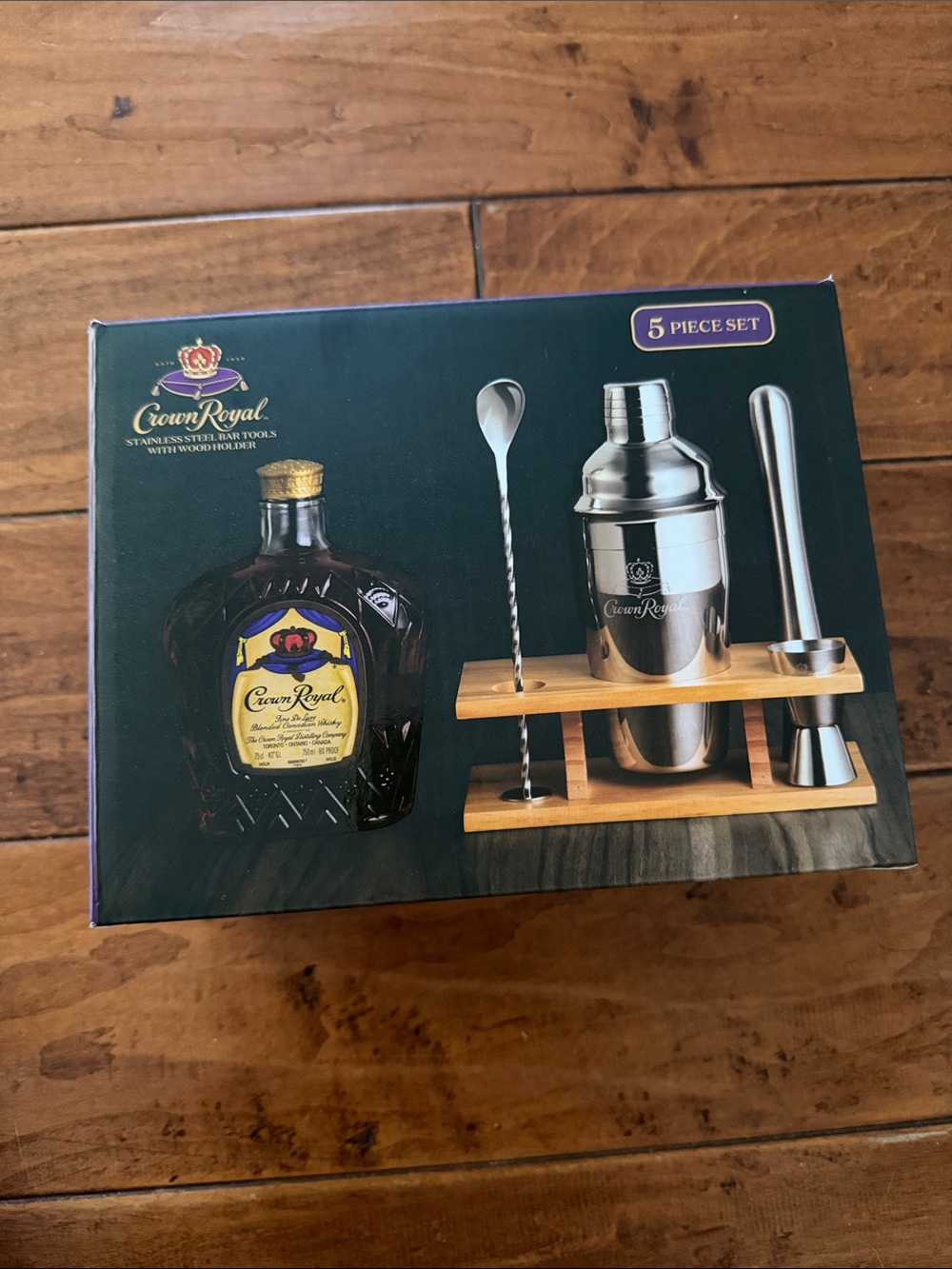 Crown Royal Stainless Steel 5-Piece Cocktail Bar Set in Silver and Wood
